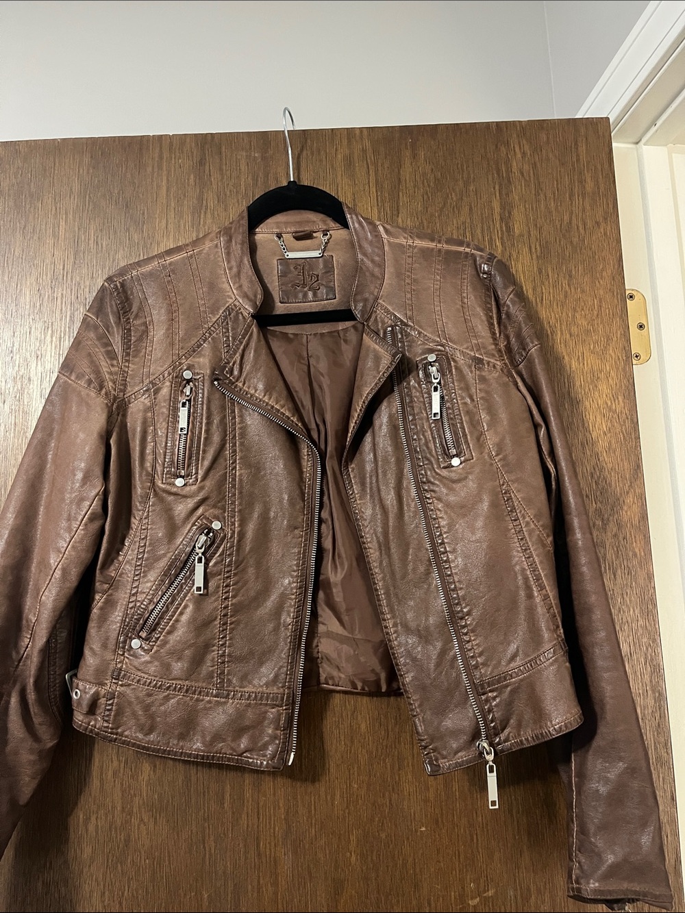 Women's Brown Faux Leather Moto Jacket with Zip Pockets
